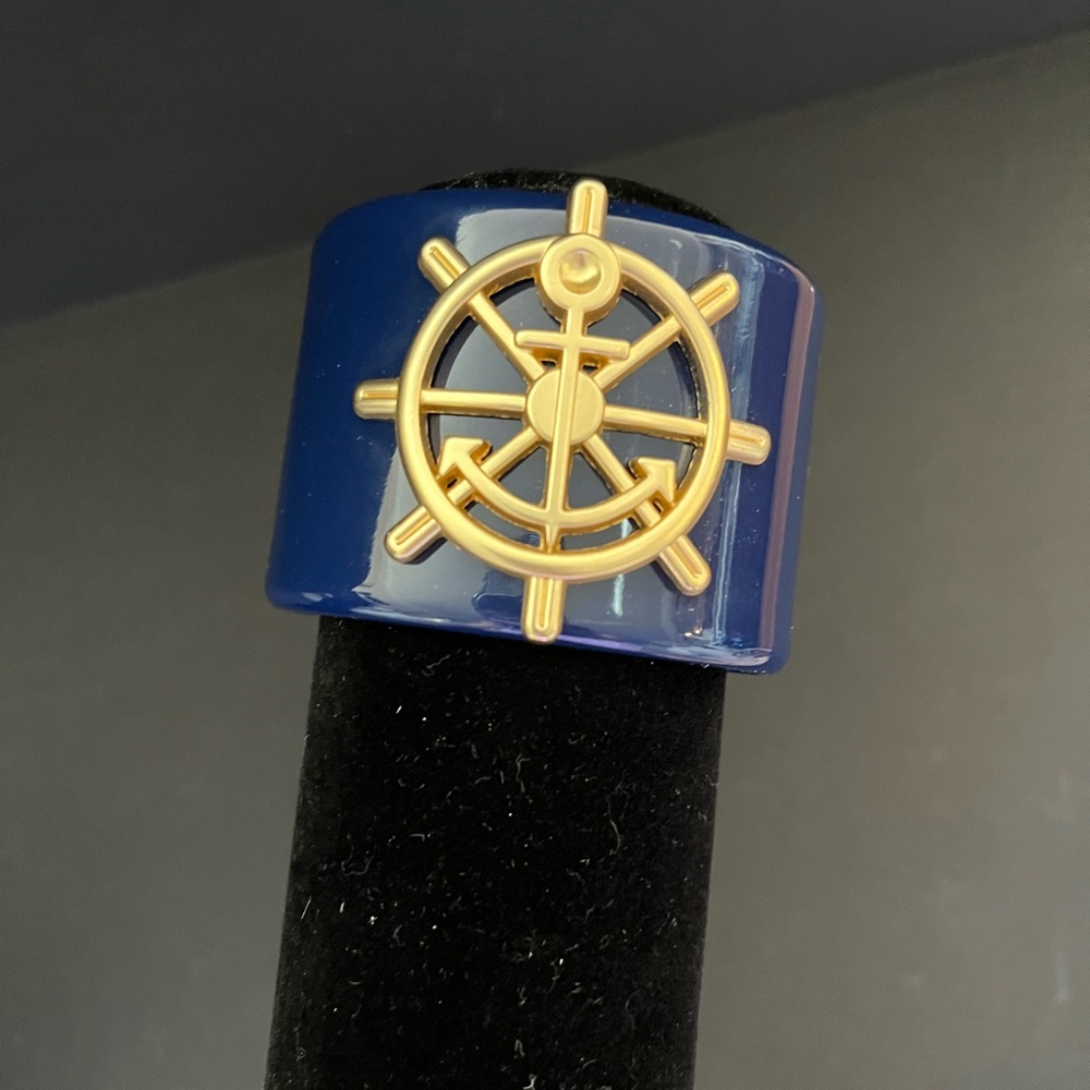 Mud Pie Cuff Bracelet. Navy with Anchor Captain’s Ship Wheel in Gold